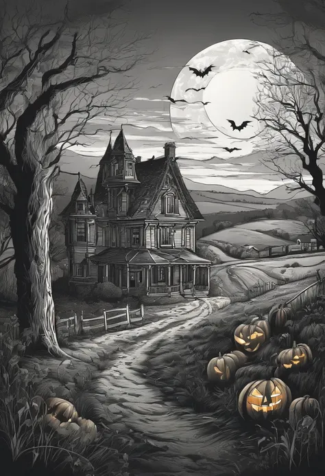 best quality, a stunning lineart artwork of Halloween on the countryside, intricately detailed, (best shadow)