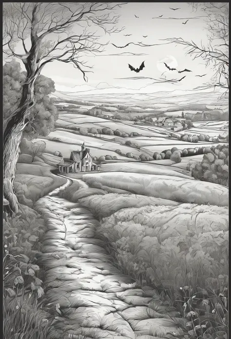 best quality, a stunning lineart artwork of Halloween on the countryside, intricately detailed, (best shadow)