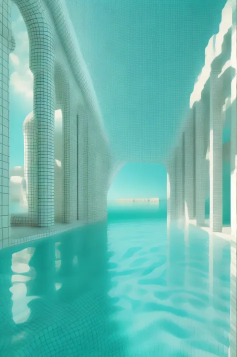 There is a pool with blue water and white walls, Pool Caustics, Inspired by Ricardo Bofill, Huge palace pool, pool of water, cool 3d visualisation, 3D Architecture, inspired by Shigeru Aoki, Water Temple, surreal 3 d render, Surreal water art, swimming poo...