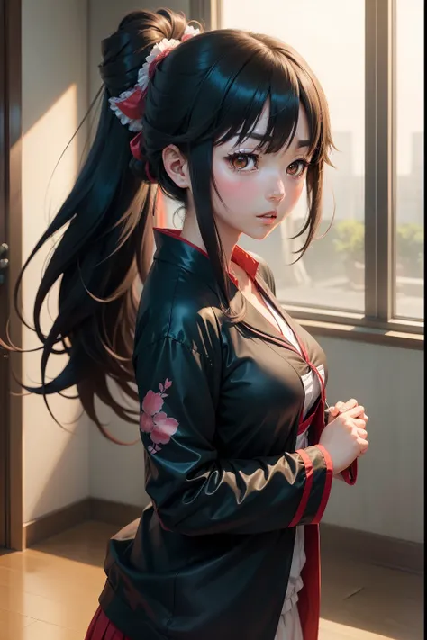 a close up of Tsugumi Shibata character from the anime Jigoku Shoujowith long hair and a ponytail, anime visual of a young woman, in the anime film, still from tv anime, still from anime, as an anime character, screenshot from the anime film, anime visual ...