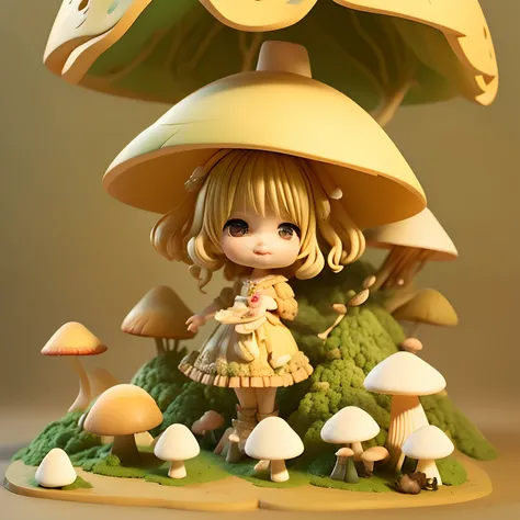 Cute Baby Chibi Anime、(((Chibi 3D))) (Best Quality)　(masutepiece)、Chibi Model、Wild Beige Hair、(Mushrooms on the head:1.5)、Red gown style dress、Fairytale mushroom forest、hyperdetailed face、Open your mouth and smile、Standing、