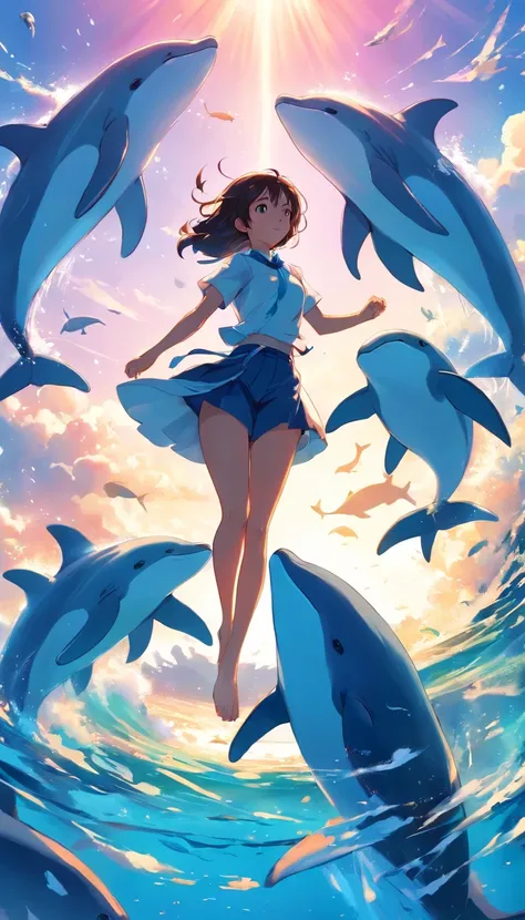 Pintura de una bandada de delfines nadando en un mar colorido, Look at the composition，Ballenas del cielo, inspirado por Cyril Rolando, dreamy psychedelic anime, colorful anime movie background, a beautiful artwork illustration, Autores：Sitao, Arte concept...