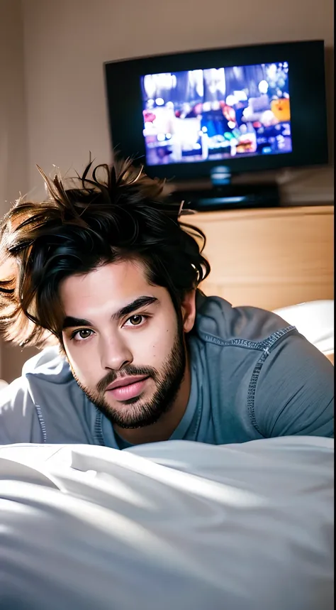 Foto de retrato de um jovem, Hes lying on his bed playing video games, roupas desarrumadas, messy hair, barba sem fazer, LAZY, There is a TV in the room with the game  (cinemactic:1.5), epic realistic, hiperdetalhado, detalhes insanos, detalhes intrincados...