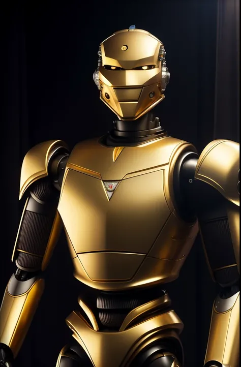 Make realistic portrait of full-body humanoid robot with bronze skin and gold threads, sem engrenagens aparentes, almost human-looking, postura majestosa e arrogante, sorriso maligno, inspirado no filme "Tinha, Roboto", de Alex Proyas e Isaac Asimov