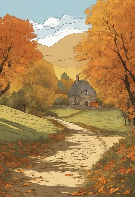 best quality, a stunning lineart artwork of autumn on the countryside, intricately detailed, (best shadow)