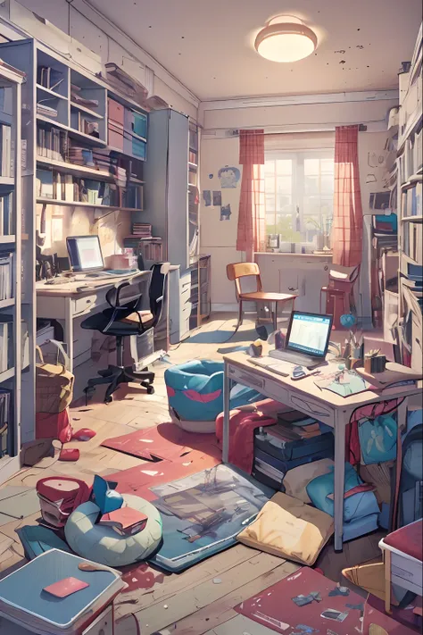 There is a room with a desk, Chair, bookshelf, and laptops, Busy Room, personal room background, photorealistic room, studio glibly makoto shinkai, Cluttered room, style of madhouse studio anime, Messy room, Anime Background Art, interior background art, s...