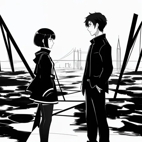 Abstract ((ink style, sketch, black and white)) 1 girl, short hair, In the twilight of their shared moments, the girl and the boy stood at the crossroads of their intertwined destinies. Their gazes, like parallel lines, met briefly before diverging into di...