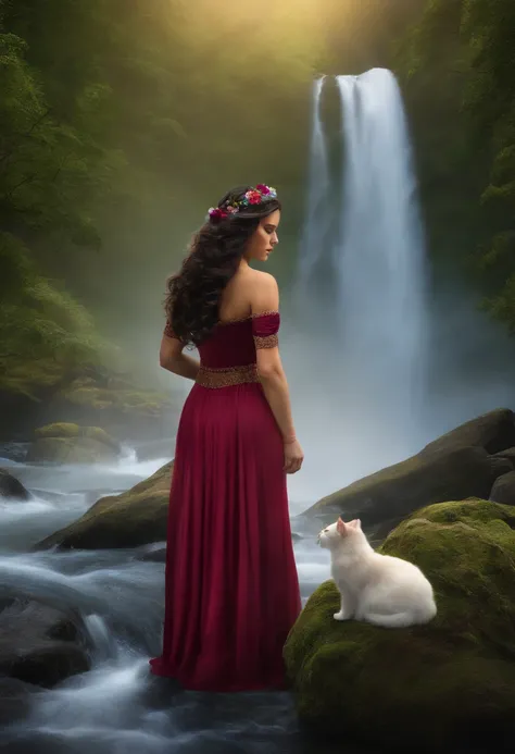 Description: Princess Ayla - dark hair stands at the base of the Enchanted Valleys waterfall, with her plush cat by her side. They both look up in awe at the sparkling waters and the rainbow forming in the mist.
Keywords: Princess, waterfall, Bumble, awe, ...