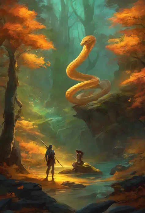 Create an artwork that depicts a chance meeting between the enigmatic half-human, half-snake creature and a determined human adventurer. The adventurer should be portrayed as someone on a quest, carrying the tools of their trade and exuding an air of brave...