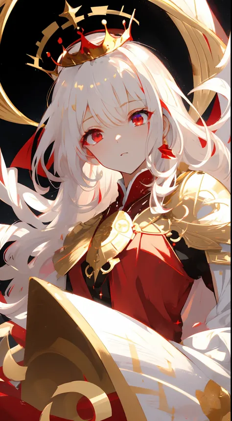 ((soft, smooth, soft colors)), wallpaper, gorgeous, masterpiece, best quality, 1girl, white hair, perfect face, expressive eyes, red eyes, glow,glowing eyes, soft, calm, soft colors, contrast, gold, gold background, red dress, crown, short eyes