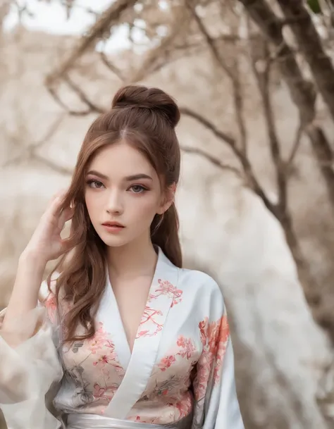 Dainty and pretty 18 year old girl wearing a kimono made of leather fabric.
Her hair color is platinum. Portrait photo. One hand is on her waist. One hand is touching her lips. Her head is slightly tilted. Her skin is very smooth. The background is an ink ...