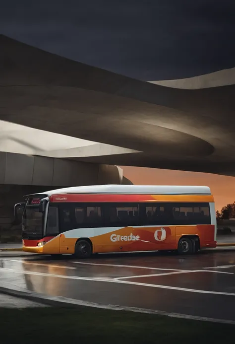 Create a sustainable bus station next to a highway with grebe in front