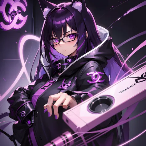 (purple-haired, gaming, cyberpunk:1.1) girl with glasses and cat ears, (medium-length, black, Chanel-inspired:1.1) hair with purple tips, (shining, vibrant, glowing purple:1.2) eyes