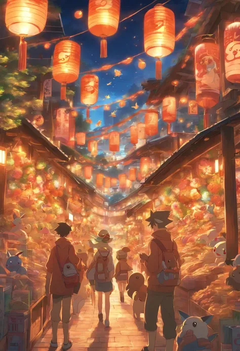 a whole bunch of Pokemon, shopping and selling products in a japanese street market, lit by lanterns, and the setting sun