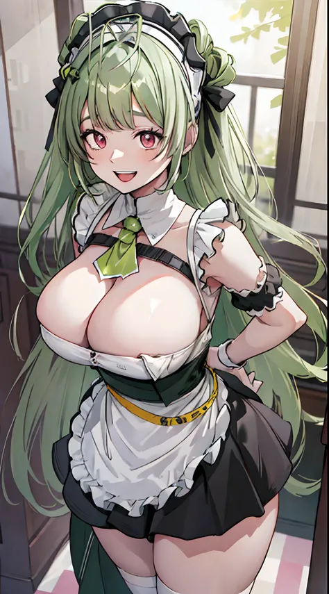 masterpiece, best quality, 20 years old, Japanese, (looking away, front view:0.7, low angle), green hair, black maid suit, cleavage, smile, open mouth, beautiful hair, beautiful face, beautiful detailed red eyes, drooping eyes, open eyes, beautiful breasts...