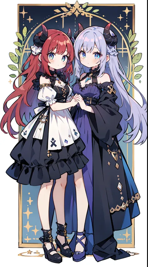 2 girls in:1.2、Devil Sisters、top-quality、Masterpiece、((full bodyesbian、Standing picture))、On the right is long red hair and green eyes.、black horns、On the left is a twin-tailed purple hair with blue eyes、undulating corners、Devil Sisters、cute little、Beautif...