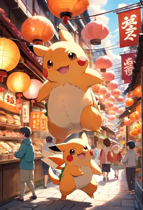 (best quality,4k,8k,highres,masterpiece:1.2),ultra-detailed,(realistic,photorealistic,photo-realistic:1.37),a whole bunch of Pokemon,shopping and selling products in a Japanese street market,lit by lanterns,and the setting sun,illustration,medium,colorful ...