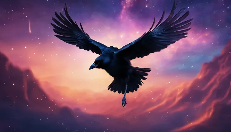 A crow flying with four wings in the night sky . 8k