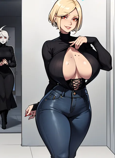 one woman, standing alone, unique and captivating, A tall pale woman (tall thicc silhouette),she has an hourglass figure, refined and alluring curves, a strikingly perfect physique, big and enchanting chest, black baggy sweater, blue jeans accentuating her...