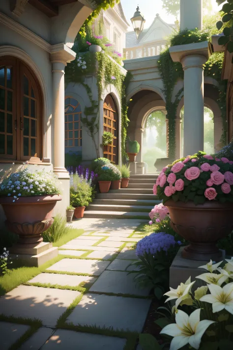 enchanted garden, ultra realistic, with flowers in pots and plants