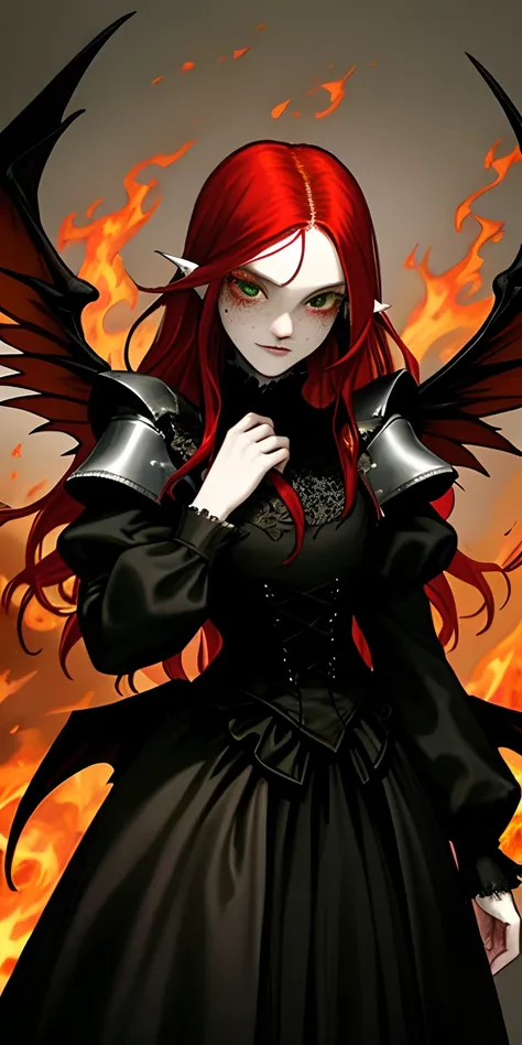 Maid knight, maid, knight, gothic fashion, gothic, dark clothes, female, fire angel, fire, angel, demon, red, red hair, pale skin, pale, green eyes, freckles, phoenix wings, fire wings, angel fire wings, angel wings, wings, one character, one face, one per...