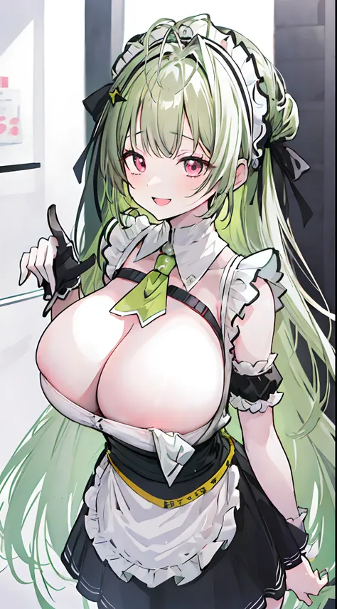 masterpiece, best quality, 20 years old, Japanese, (looking away, front view:0.7, low angle), green hair, black maid suit, cleavage, smile, open mouth, beautiful hair, beautiful face, beautiful detailed red eyes, drooping eyes, open eyes, beautiful breasts...