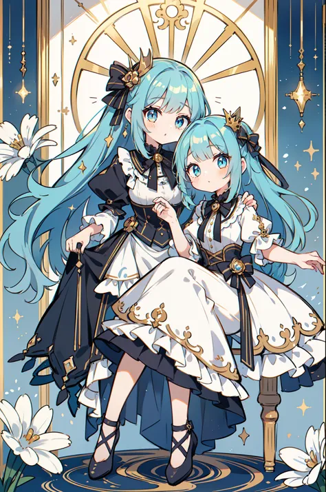 1 girl in、((full bodyesbian、Picture of sitting on a chair))、top-quality、Masterpiece、blue hairs、Longhaire、Fluffy hair、Golden eyes、Beautiful and delicate eyes、Noble attire、Victorian、Dress with gold rim、Luxurious ruffles、cute little、Luxurious dresses、Bow to l...