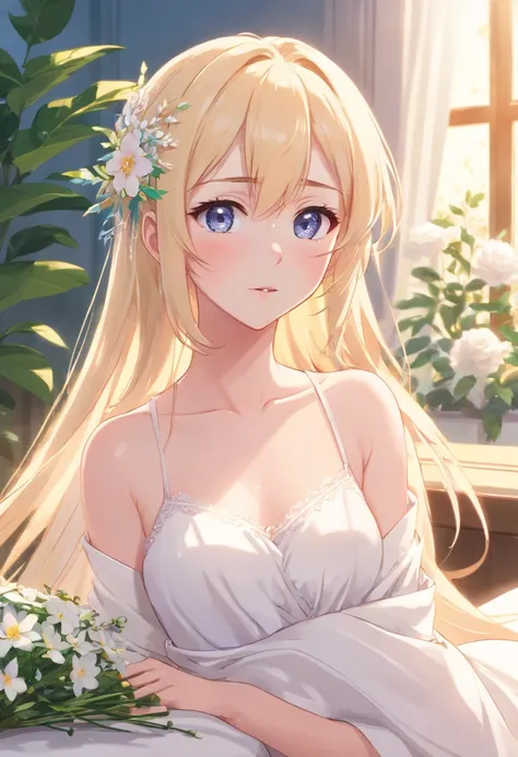 1girl in, (Caricano Idol), (Chizuru Ichinose), Poor breasts, 4K, Loire Beautiful, Looking at Viewer, ((Headshot)), BREAK ,Nuisette in white cloth, wedding dress, a woman wearing a nuisette, ((floral embroidery)), Silver tiara, Flower Focus Dresses, a woman...