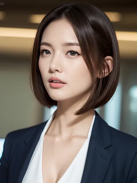 32k, raw photo, best quality, realistic, photorealistic:1.2, ultra detailed, BREAK,, 1girl:1.2, solo:1.2, 22yo:1.3, flight attendant, standing, in airport, clear and beautiful, Perfect face, Detailed eyes, Black hair, short hair, Huge breasts:1.4, Narrow w...