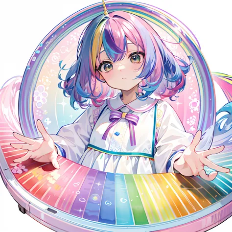 Yumekawa 、((((White background))))、(((Rainbow Circle)))、(((picture frame)))、Cute as a dream、a pale、Moya、(​masterpiece、top-quality、top-quality、watercolor paiting(Curly)、The upper part of the body、Float fluffy、Lolita Fashion、patterns、(rainbow-colored hair:1....