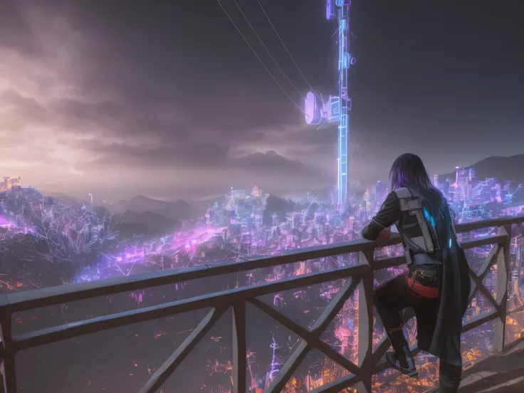 Man looking at the view of a cyberpunk metropolis from a lookout point, 8 mil. preenchendo a maior parte da vista, 8 mil. preenchimento da vista, View from the top, best quality, highres, realistic, cyberpunk style, vibrant colors, neon lighting, detailed ...