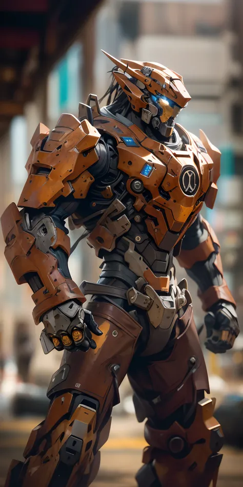 Portrait photo of an alpha male, perfect eyes, in a worn mecha suit, intricate, (steel metal [rust]), elegant, sharp focus, photo by greg rutkowski, soft lighting, vibrant colors, masterpiece, ((streets)), cowboy shot, dynamic pose,