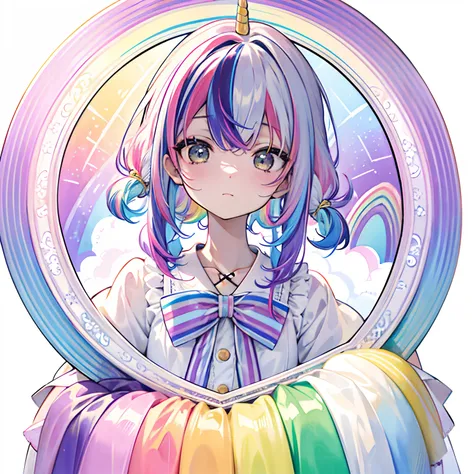 Yumekawa 、((((White background))))、(((Rainbow Circle)))、(((picture frame)))、Cute as a dream、a pale、Moya、(​masterpiece、top-quality、top-quality、watercolor paiting(Curly)、The upper part of the body、Float fluffy、Lolita Fashion、patterns、(rainbow-colored hair:1....