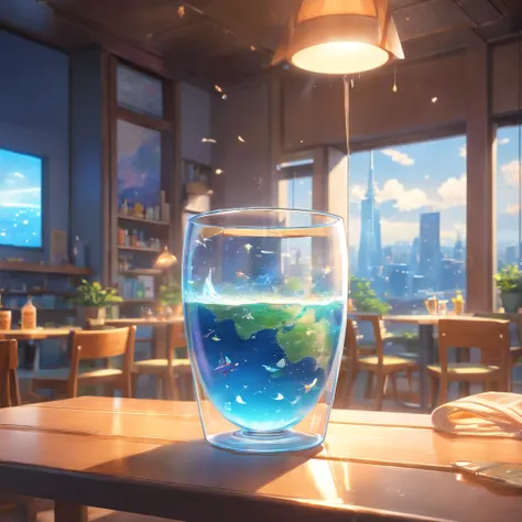 The universe in a cup, The whole universe exists inside a glass., Planets and galaxies in a glass, Wooden dining table, super realistic, hyper detailed, dramatic lighting, 4k, ultra hd, Realistic, bright colours, A highly detailed, UHD Drawing, Pen and ink...