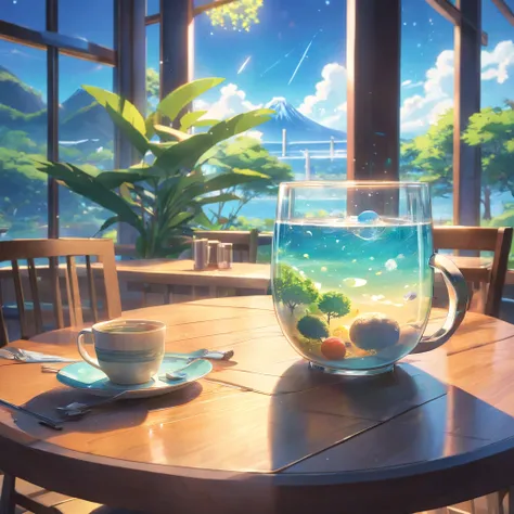 The universe in a cup, The whole universe exists inside a glass., Planets and galaxies in a glass, Wooden dining table, super realistic, hyper detailed, dramatic lighting, 4k, ultra hd, Realistic, bright colours, A highly detailed, UHD Drawing, Pen and ink...