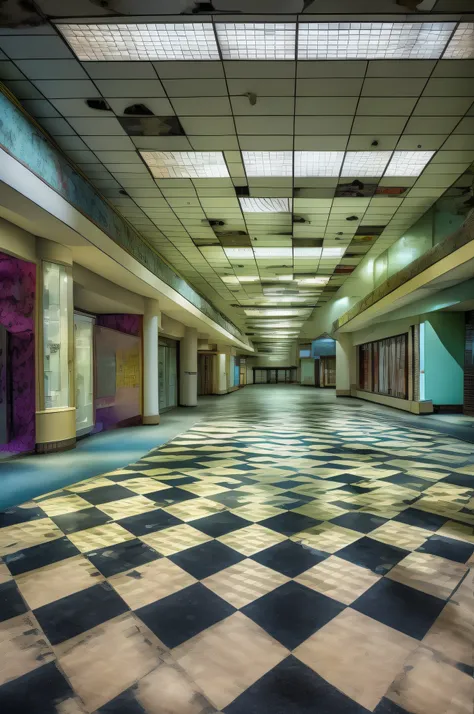 The building has black and white checkered floors, The whole building is colorful、backrooms abandoned mall, Abandoned shopping mall, In an abandoned shopping mall, In an abandoned mall, Abandoned mall in the 1 9 8 0s, Ruined mall at night, Shutter Mall Sto...