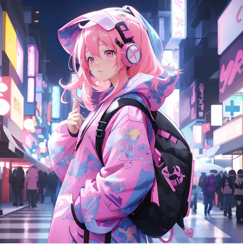 anime girl with pink hair and a backpack walking down a street, anime style 4 k, best anime 4k konachan wallpaper, anime wallpaper 4 k, anime wallpaper 4k, cyberpunk anime girl in hoodie, anime art wallpaper 4 k, anime art wallpaper 4k, 4k anime wallpaper,...