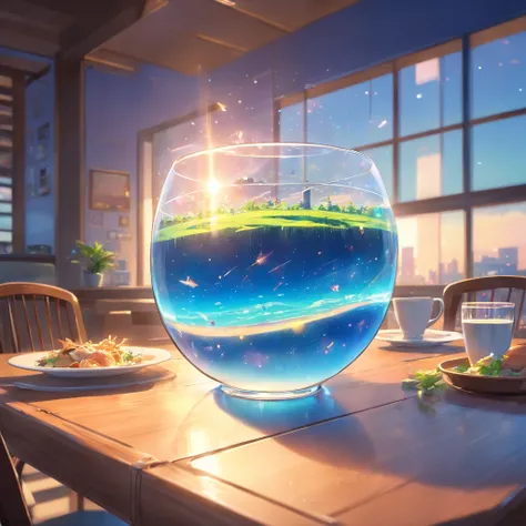 The universe in a cup, The whole universe exists inside glass.., Planets and galaxies in a glass, Wooden dining table, super realistic, hyper detailed, dramatic lighting, 4k, ultra hd, Realistic, bright colours, A highly detailed, UHD Drawing, Pen and ink,...