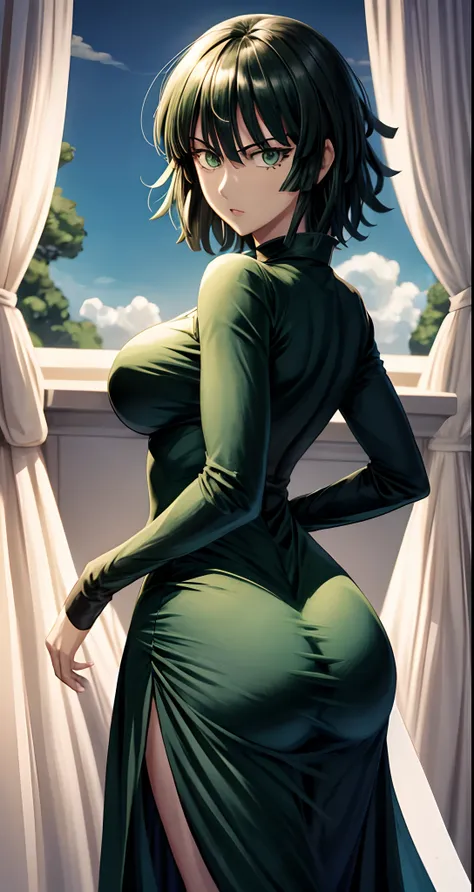 Una mujer con un vestido verde sentada en una repisa,fubuki de One Punch Man, Hermosa chica de anime en cuclillas, Fubuki, Thicc, Ella lleva un vestido verde oscuro, fubuki, peeping from behind, Postura de la espalda, Full growth from behind, Growing from ...