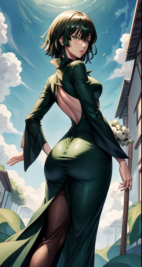 Una mujer con un vestido verde sentada en una repisa,fubuki de One Punch Man, Hermosa chica de anime en cuclillas, Fubuki, Thicc, Ella lleva un vestido verde oscuro, fubuki, peeping from behind, Postura de la espalda, Full growth from behind, Growing from ...