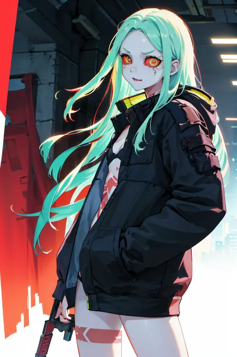 masterpiece, best quality, highres, 1girl, rebecca (cyberpunk), solo, long hair, mechanical eye, colored sclera, red sclera, colored skin, white skin, leg tattoo, neck tattoo, green hair, long hair, small breasts, underwear, fang, red pupils, skin fang, re...
