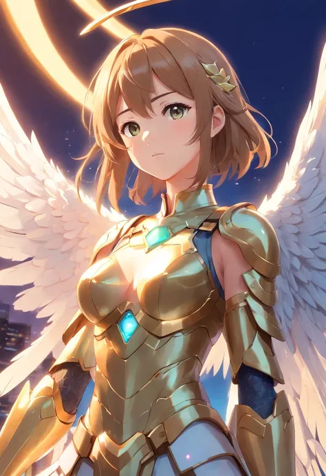 Close-up of a woman with very large breasts and wings, angelic golden armor, Anime goddess, angel knight girl, Goddess. Extremely high detail, as a mystical valkyrie, 8K high quality detailed art, knights of zodiac girl, 2. 5 D CGI anime fantasy artwork, e...