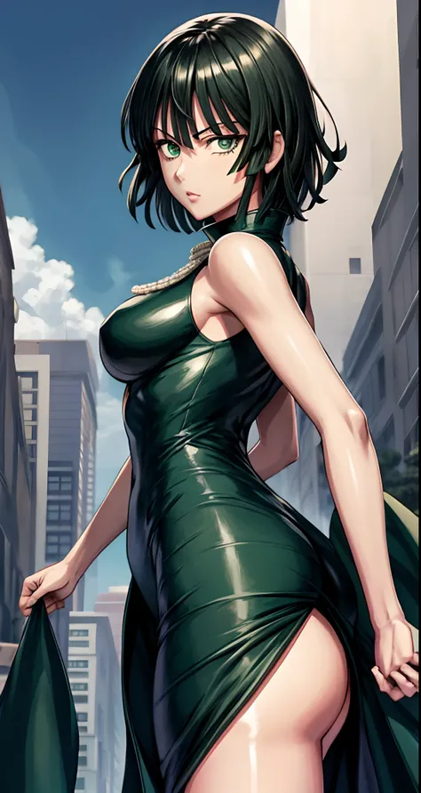 Una mujer con un vestido verde sentada en una repisa,fubuki de One Punch Man, Hermosa chica de anime en cuclillas, Fubuki, Thicc, Ella lleva un vestido verde oscuro, fubuki, peeping from behind, Postura de la espalda, Full growth from behind, Growing from ...