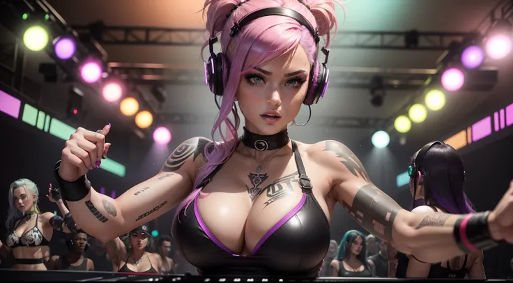 A captivating scene depicting a strong tattooed female DJ, with a sultry cleavage and headphones, commanding the dance floor at a rave party. The women around him, with blond, green, red, pink, purple, black and white hair, dance with intensity, showing of...