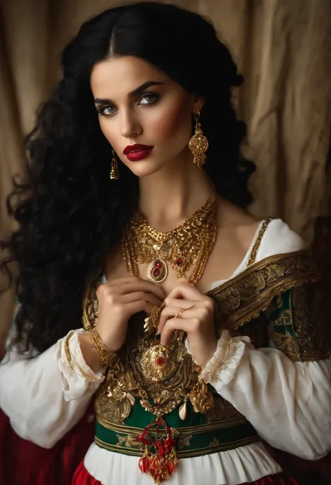 A gypsy with green eyes black hair, white blouse with gold medals and red skirt with ruffles, seashell necklaces.