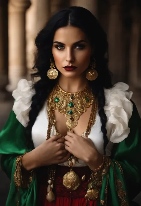 A gypsy with green eyes black hair, white blouse with gold medals and red skirt with ruffles, seashell necklaces.