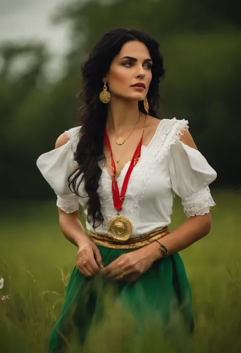 A gypsy with green eyes black hair, white blouse with gold medals and red skirt with ruffles, seashell necklaces, walking in green grassy field