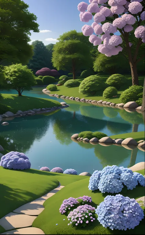 Hydrangeas, park, lake, small hill, pebble path, masterpiece, best quality, anatomically correct, high details, 8K, wallpaper