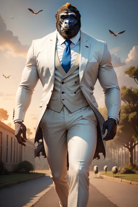 masterpiece, best quality, 8k, photorealistic, gorilla, torn white suit, blue tie, african savanna, strong arm, full body, sunset, birds flying, arms crossed, baobab tree in the background,