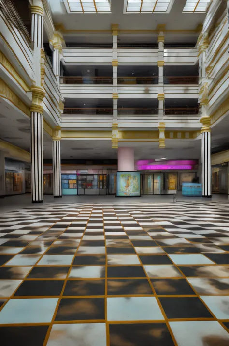 The building has black and white checkered floors, The whole building is colorful、There is a broken playground equipment in the center of the aisle.、backrooms abandoned mall, Abandoned shopping mall, In an abandoned shopping mall, In an abandoned mall, Aba...